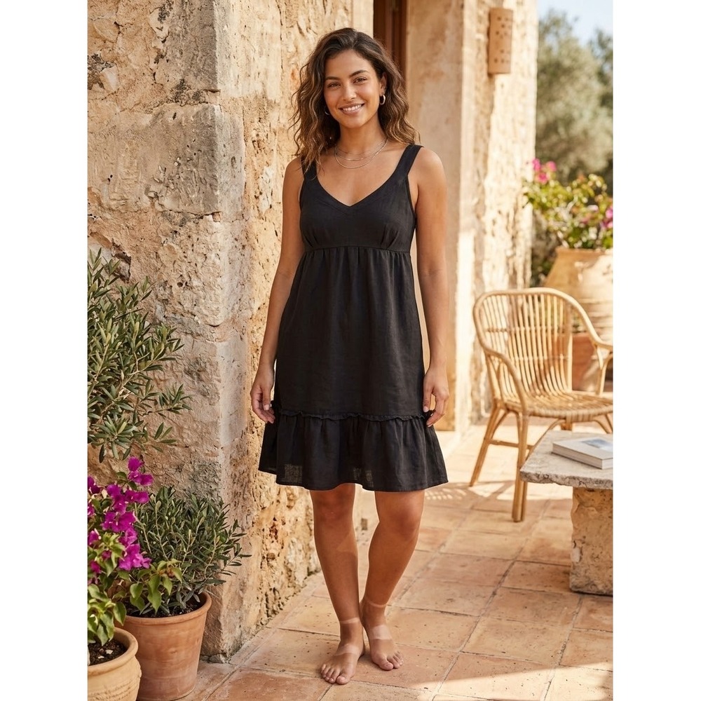 Mossimo Womens Black 100% Linen Sleeveless V-Neck Ruffle Hem Dress Size M